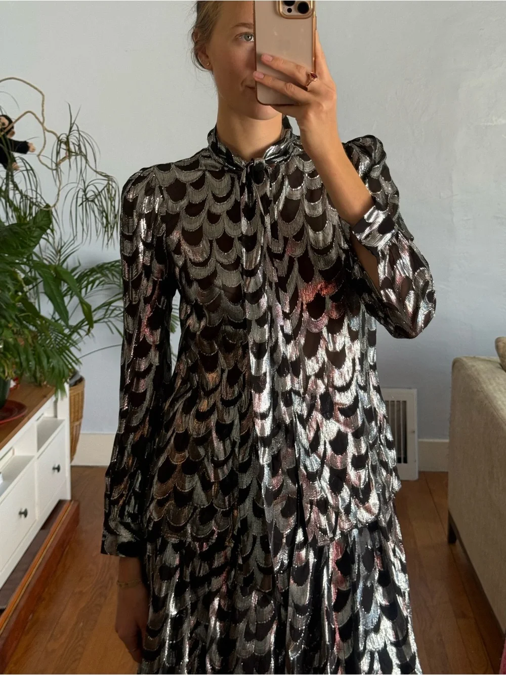 Michael Kors Black and Silver Metallic Patterned Maxi Skirt and Blouse Set